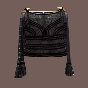 JS Collections Mesh Top | Sheer Black Velvet | Size 14P | Vintage